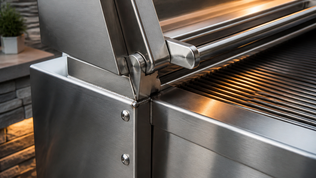Detaljbild av robust rostfri grillkonstruktion