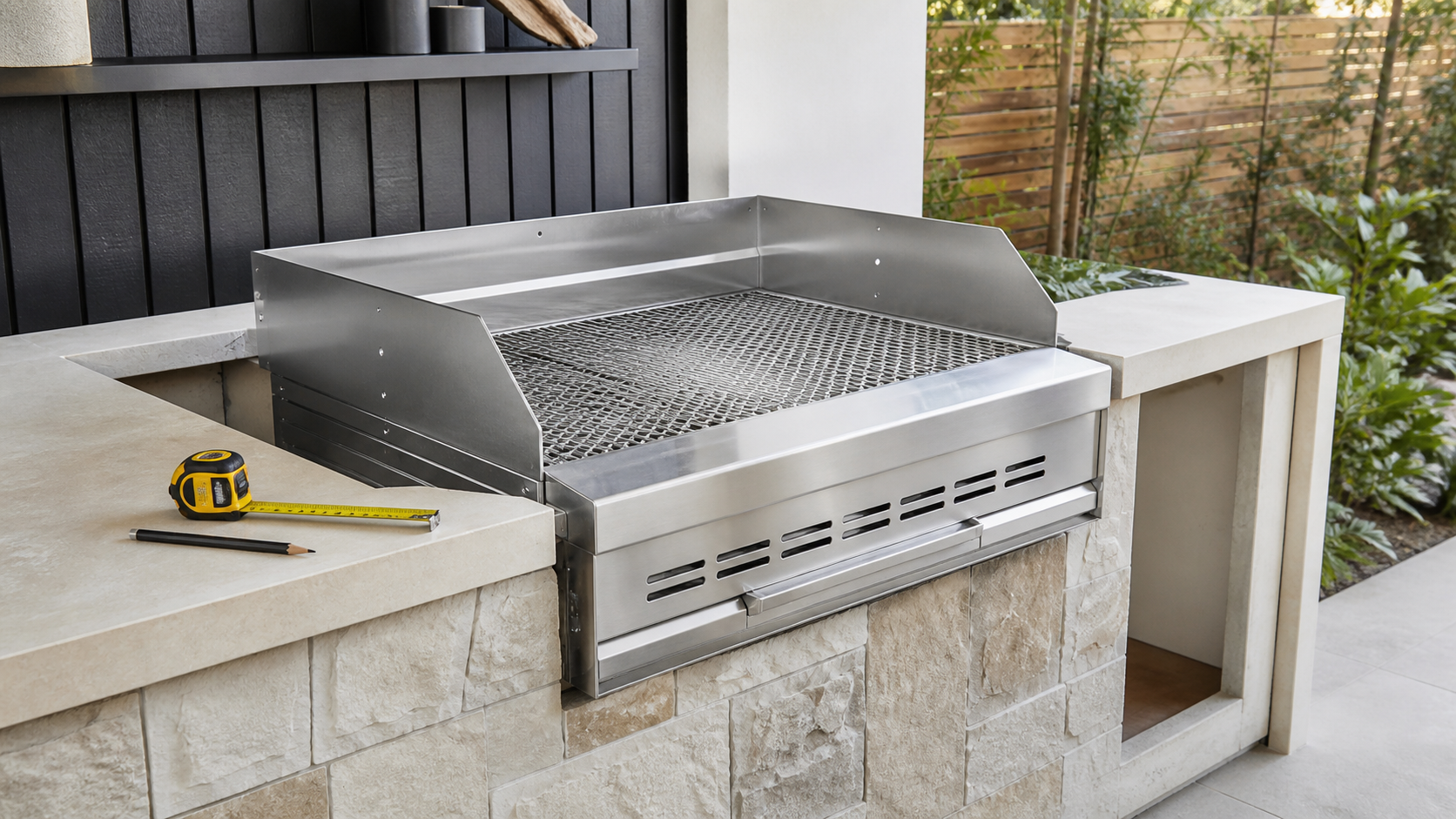 Inbyggd rostfri kolgrill i utekök under planering