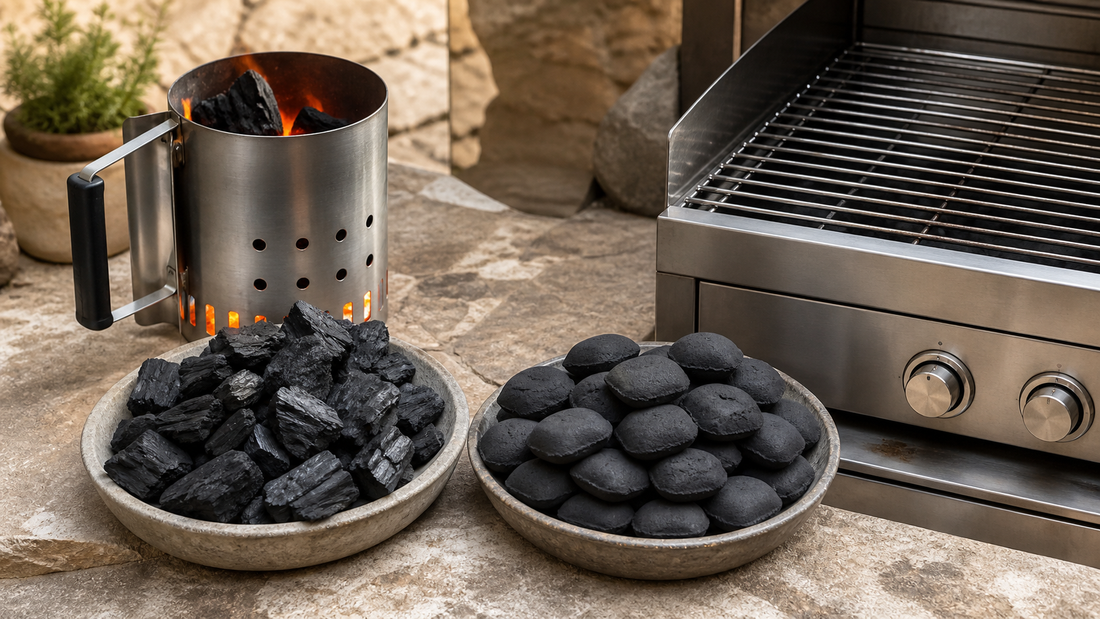 Kol och briketter med tändrör vid rostfri grill