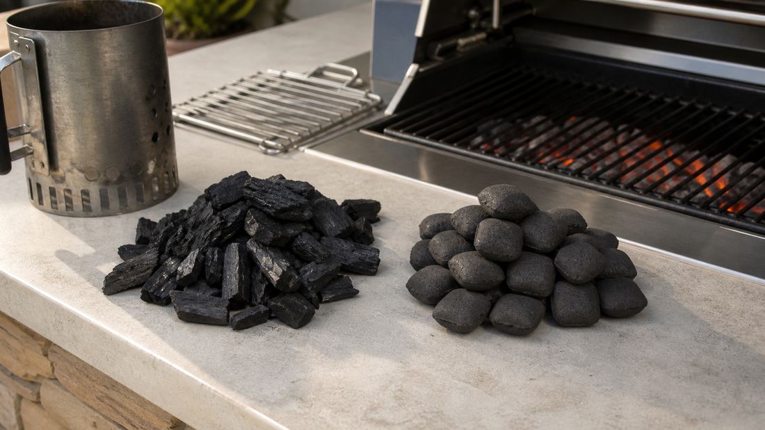 Grillkol och briketter bredvid rostfri kolgrill