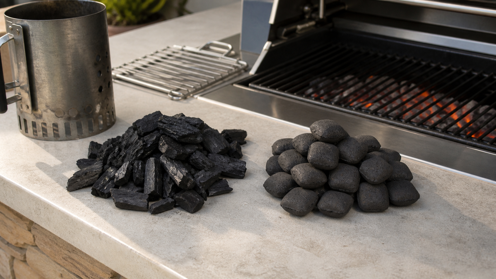 Grillkul og briketter ved siden af rustfri kulgrill