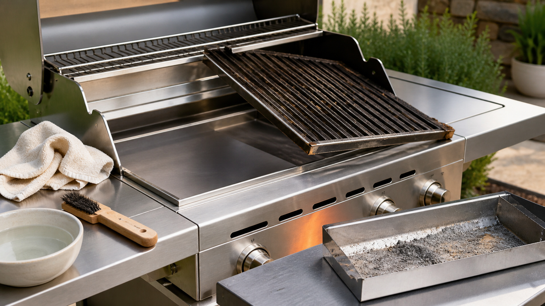 Rengöring av rostfri grill med galler och asklåda