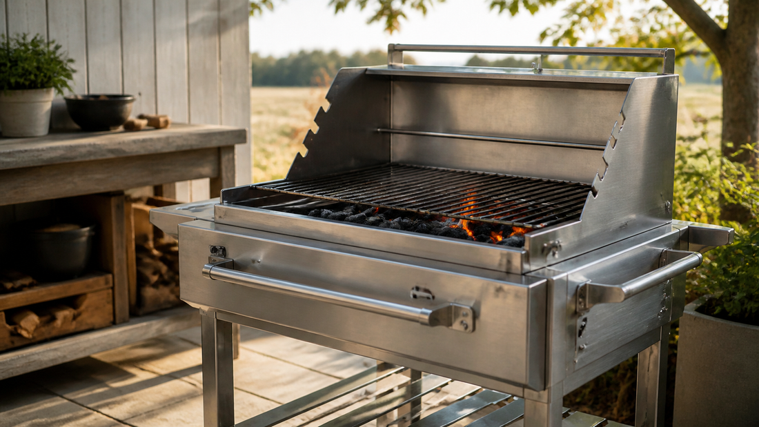 Rostfri kolgrill med glöd i utekök