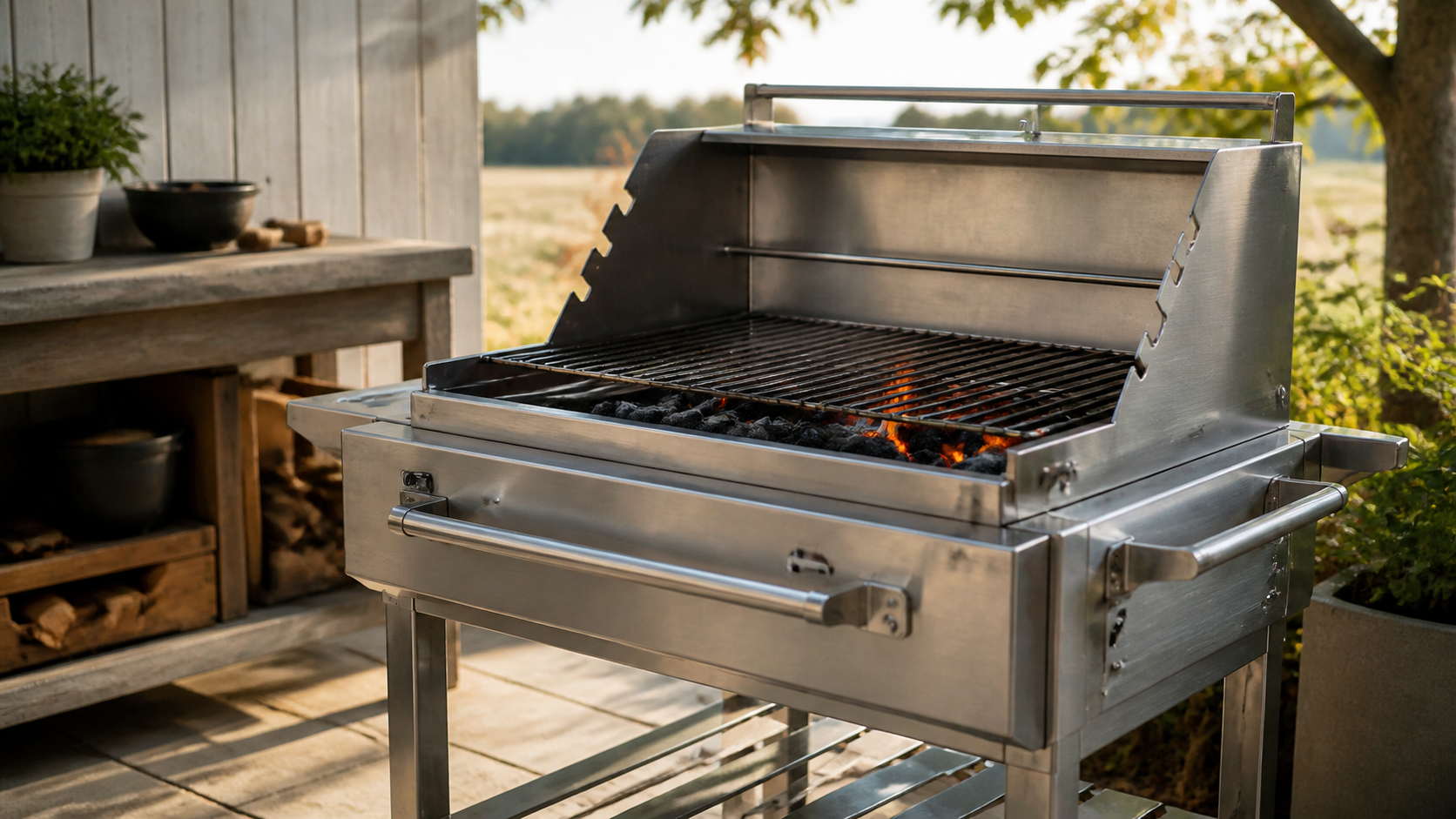 Rostfri kolgrill med glöd i utekök
