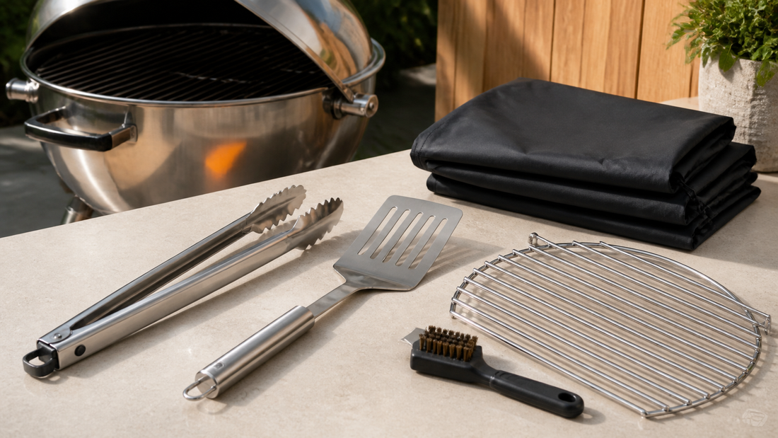 Tillbehör till kolgrill med tång, spade, galler och överdrag