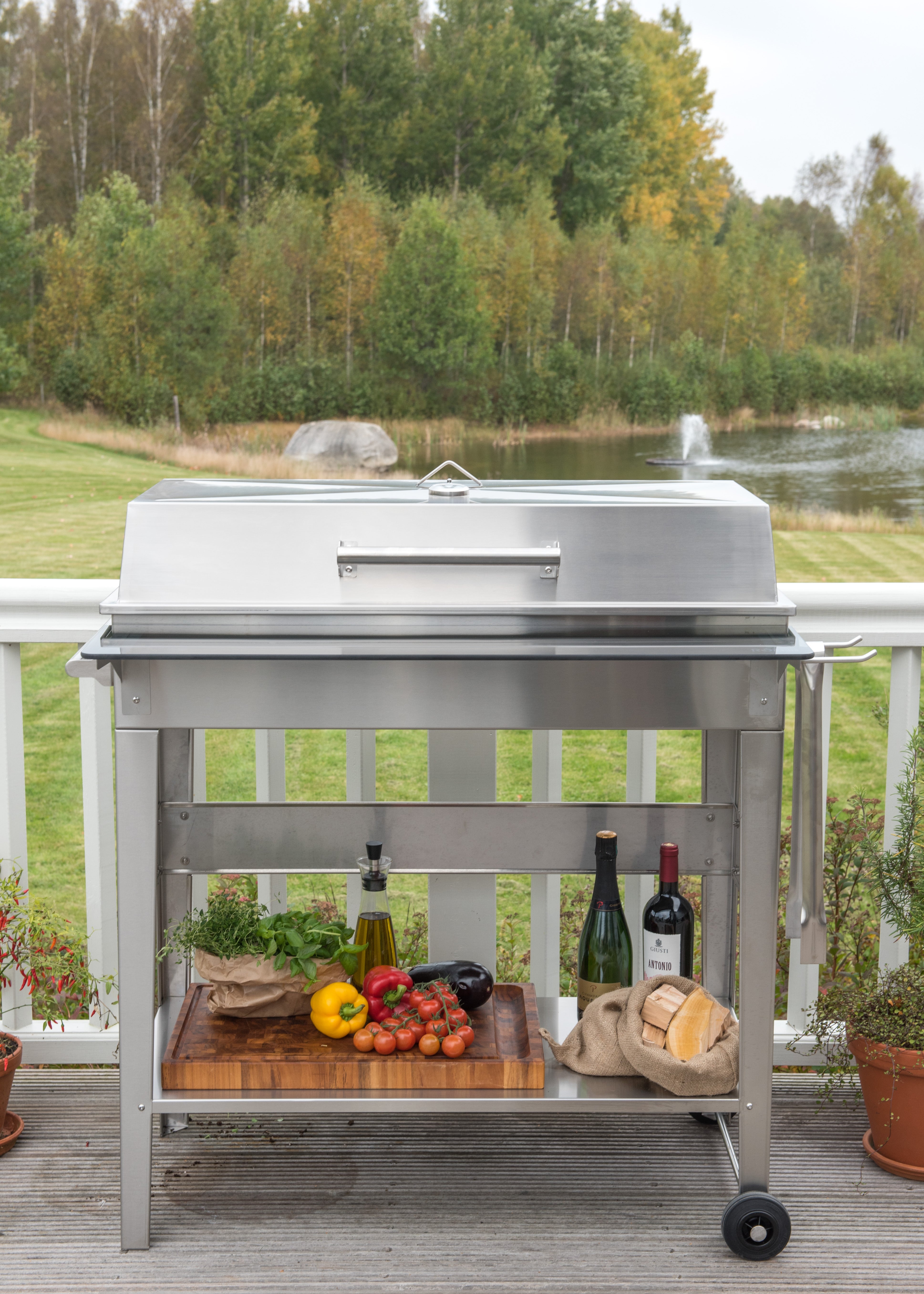 Rostfri kolgrill i utekök