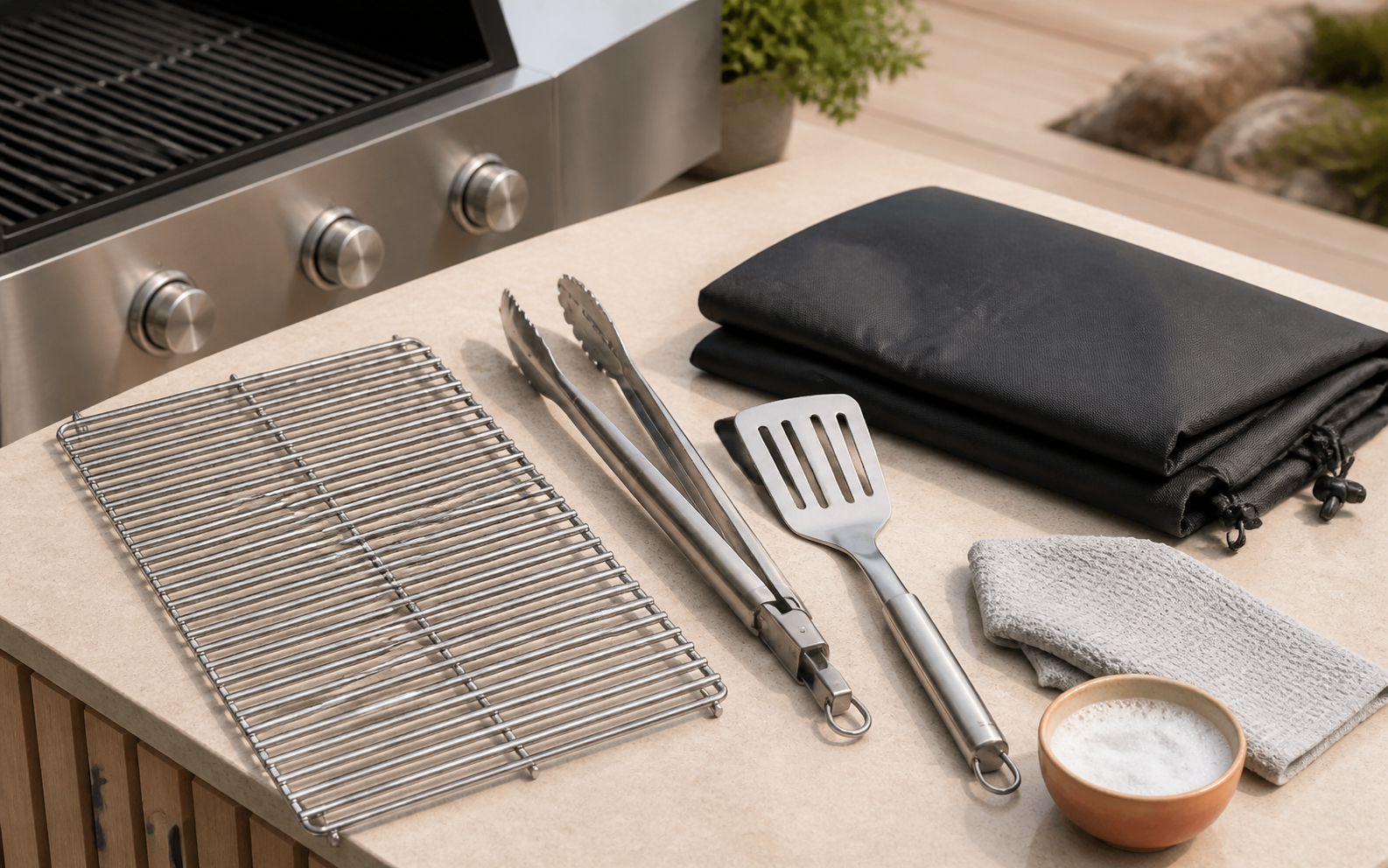 Grill grates, tongs, spatula and cover on outdoor kitchen counter