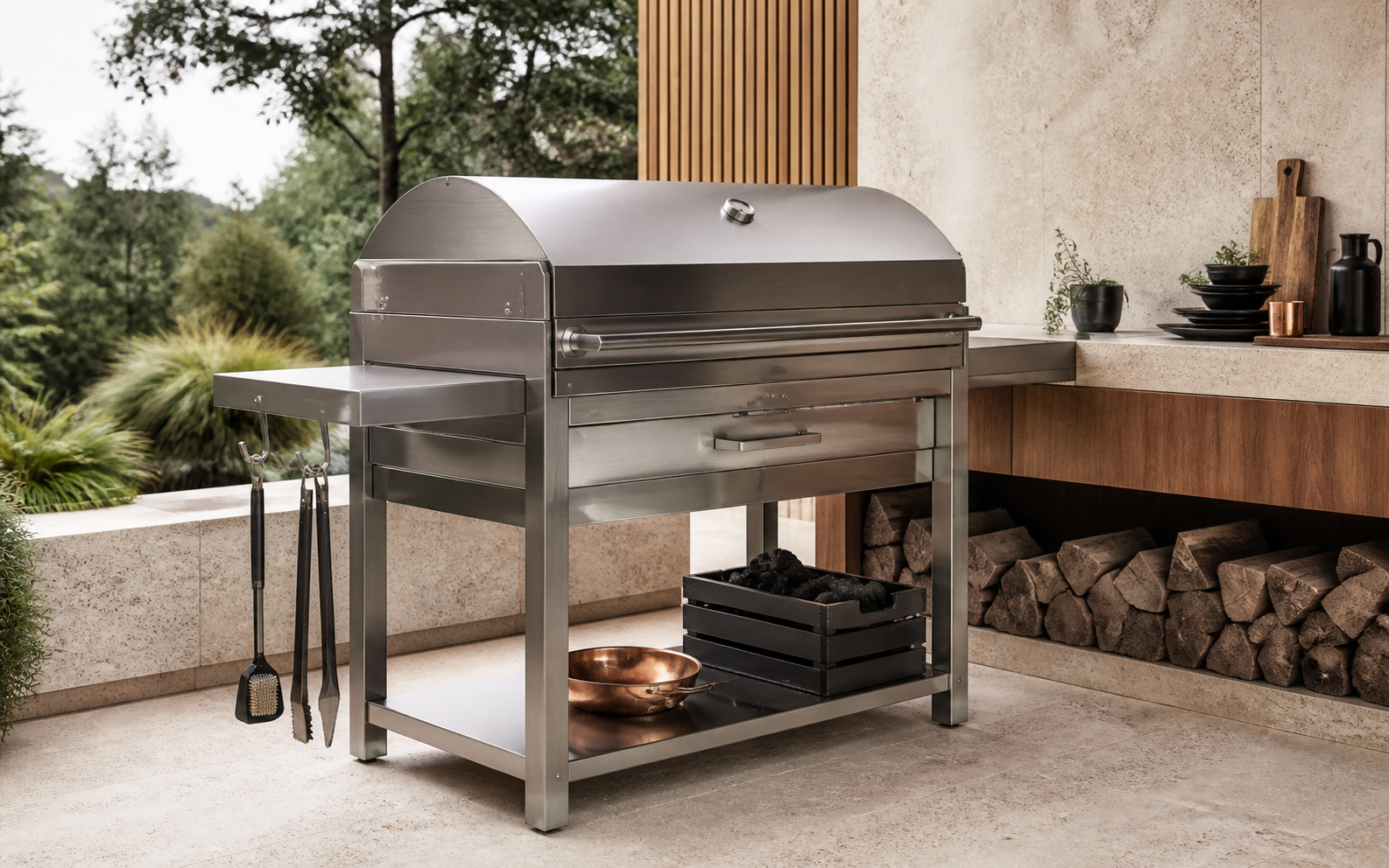 Stainless steel charcoal grill in outdoor kitchen